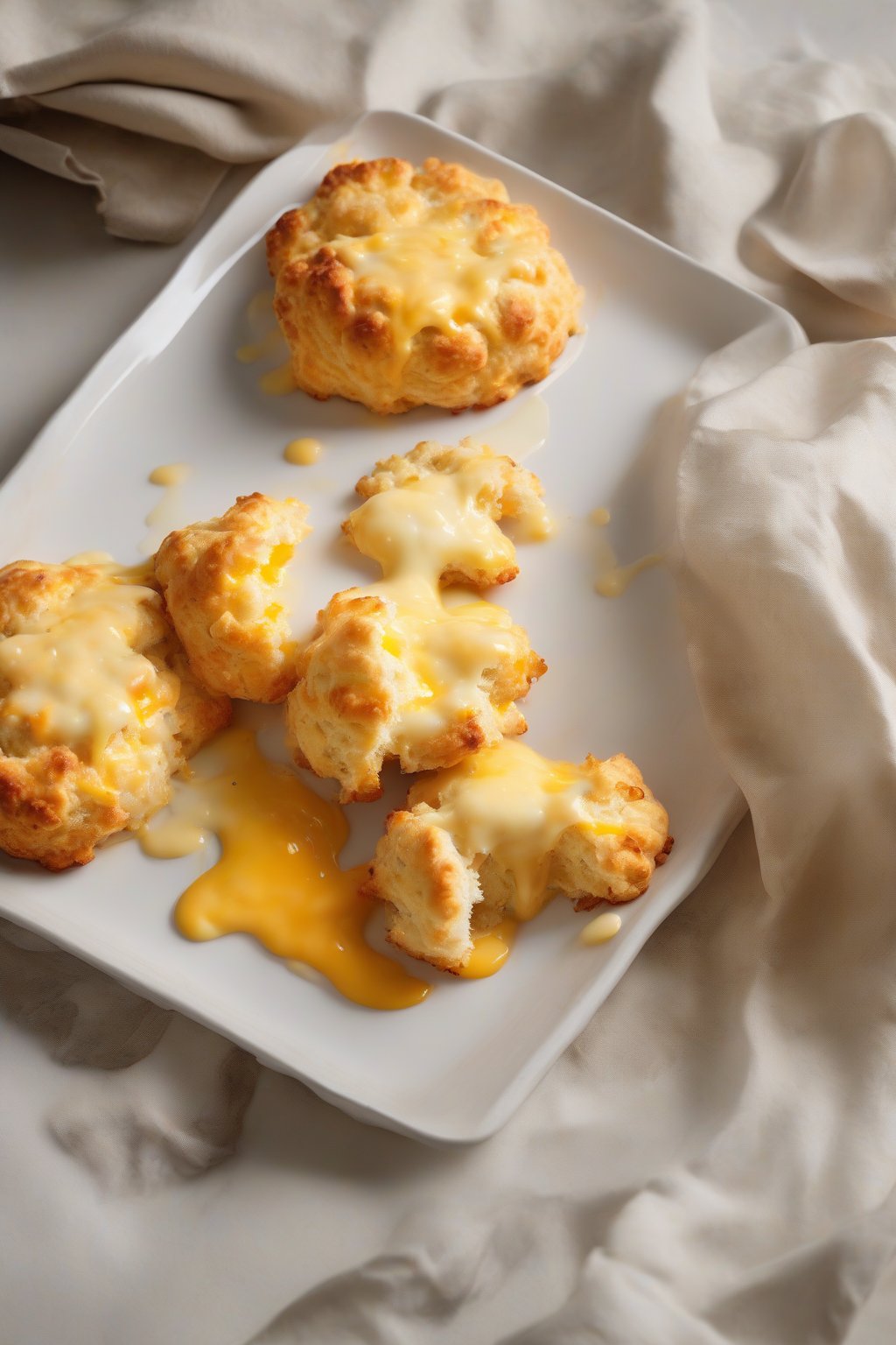 A high-resolution photo of cheesy cheddar drop biscuits with melted cheese oozing, on a white plate under soft lighting.
