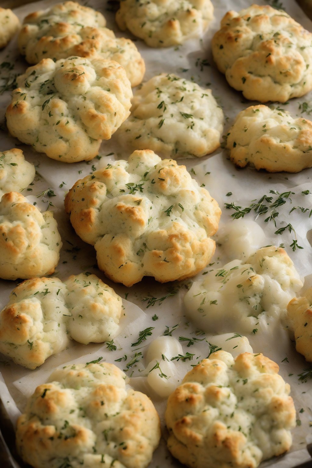 A high-resolution photo of herb-flecked garlic drop biscuits steaming fresh from the oven under soft lighting.