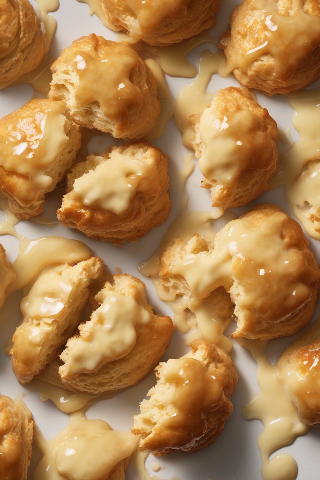A high-resolution photo of glossy honey-glazed drop biscuits split open with butter under soft lighting.