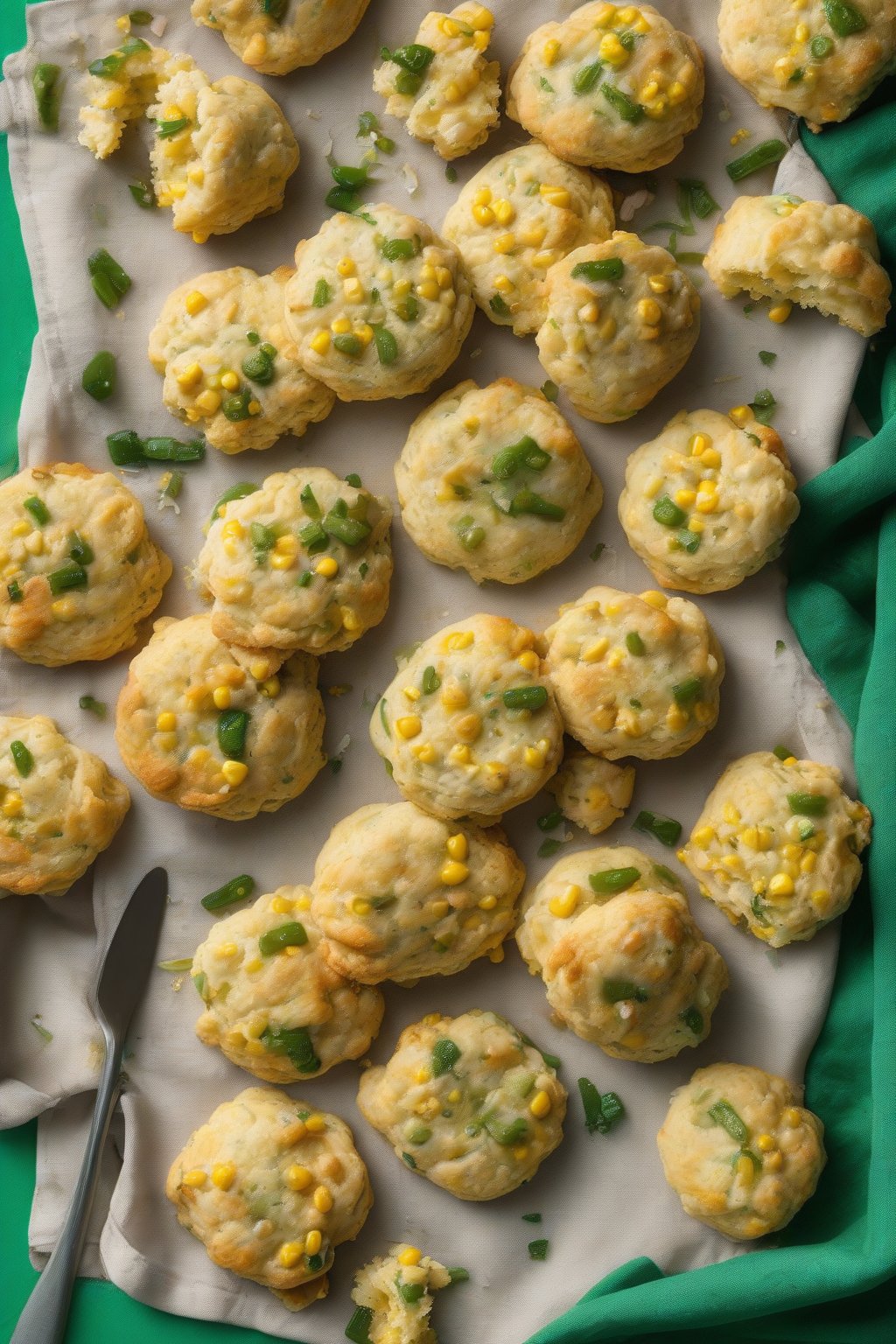 A high-resolution photo of vibrant jalapeño corn drop biscuits with green flecks on a colorful napkin under soft lighting.