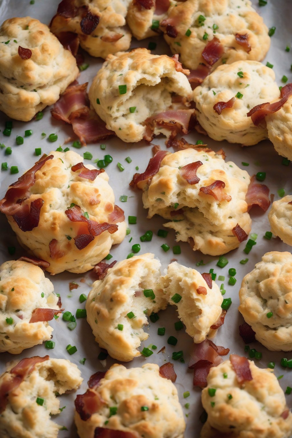A high-resolution photo of bacon-studded drop biscuits with chives, broken open to show layers under soft lighting.