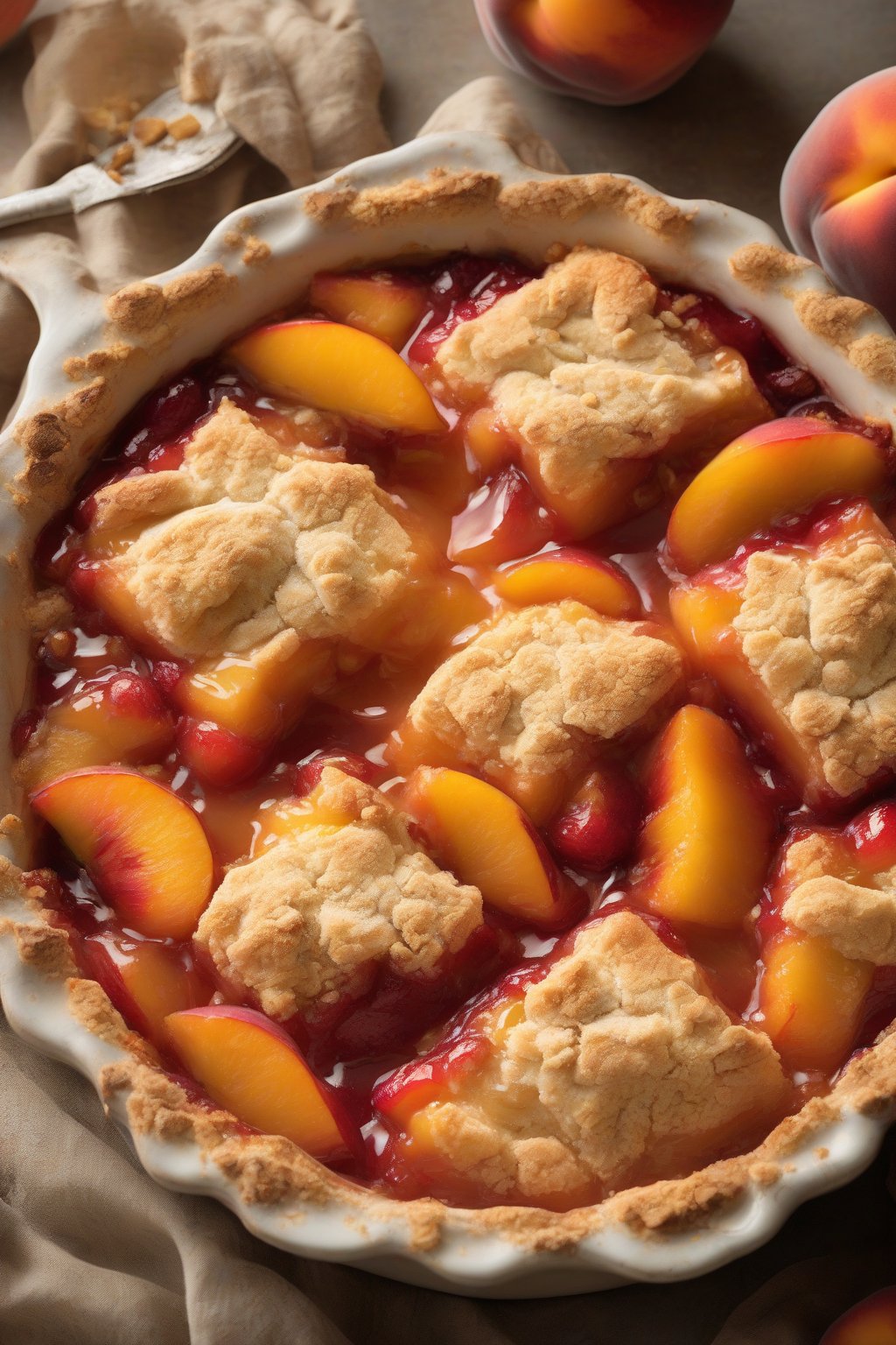 A high-resolution photo of peach cobbler with golden almond crust crumbling over shiny peaches, under soft lighting.