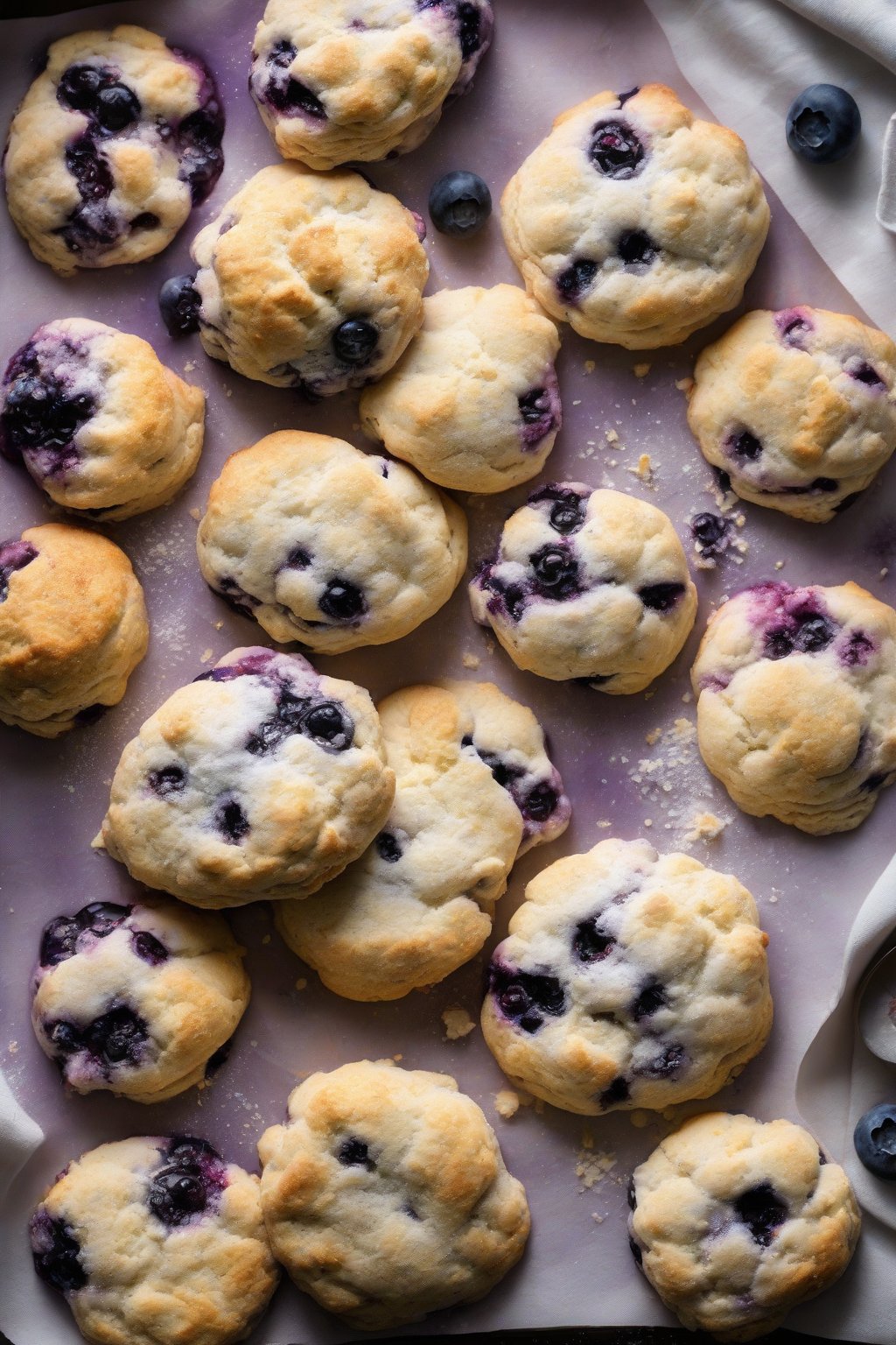 A high-resolution photo of purple-flecked blueberry lemon drop biscuits dusted with powdered sugar under soft lighting.