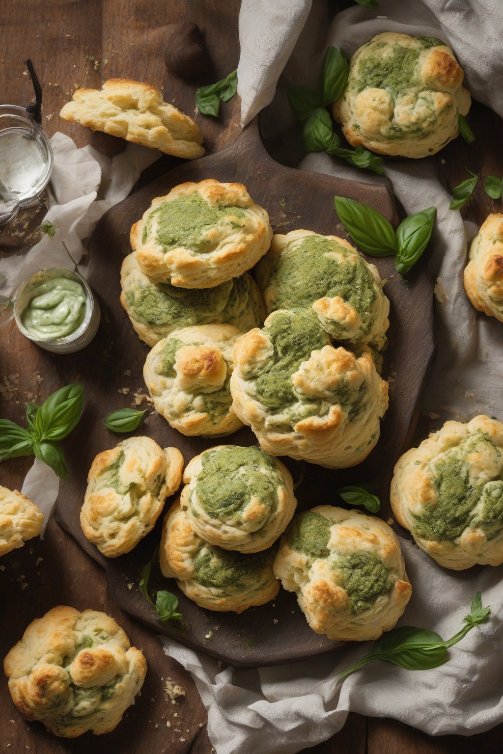 A high-resolution photo of green pesto-swirled Parmesan drop biscuits on a wooden table under soft lighting.