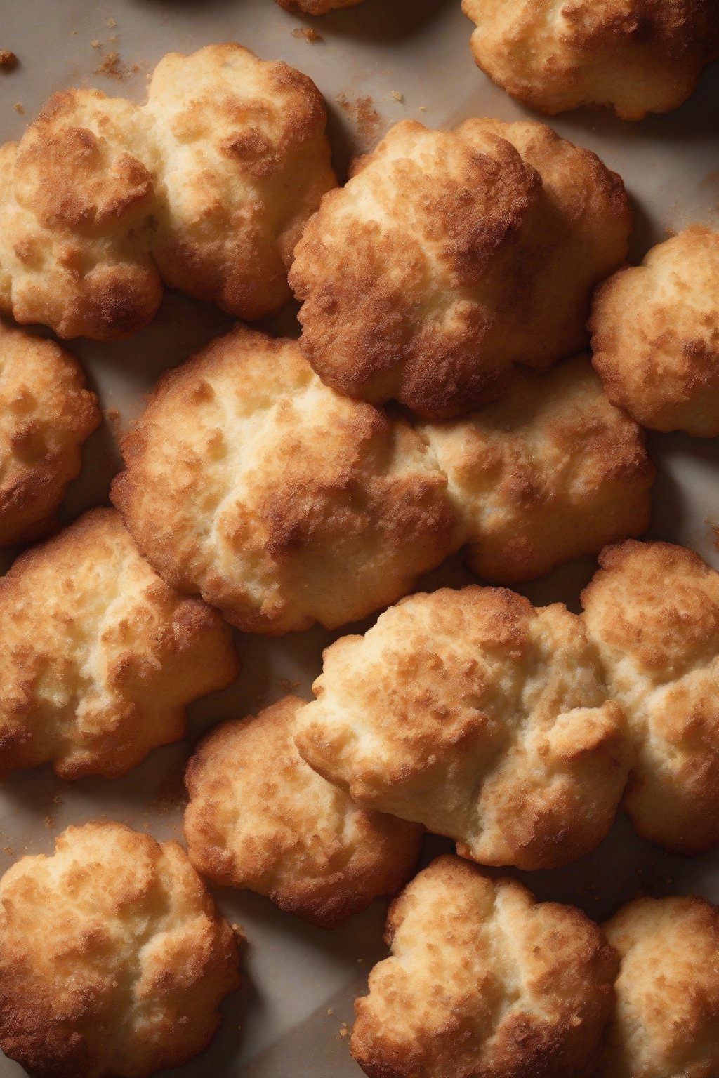 A high-resolution photo of cinnamon sugar-crusted drop biscuits with a warm glow under soft lighting.