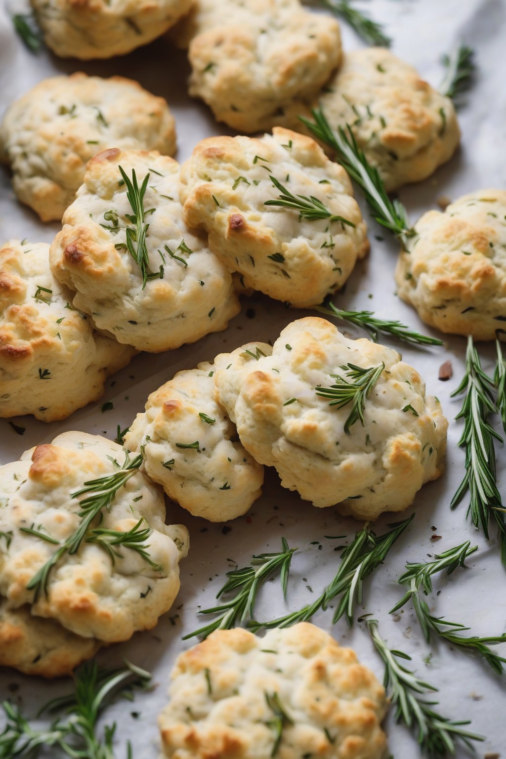 A high-resolution photo of pepper-dotted rosemary drop biscuits alongside fresh herbs under soft lighting.