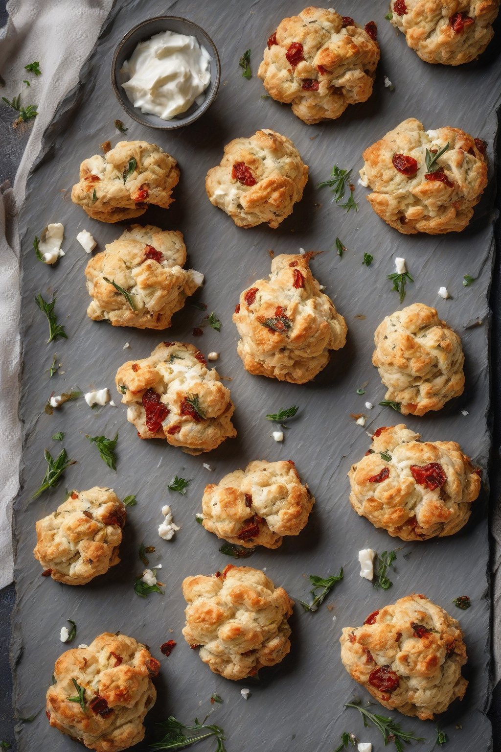 A high-resolution photo of red-speckled sundried tomato feta drop biscuits on a slate board under soft lighting.