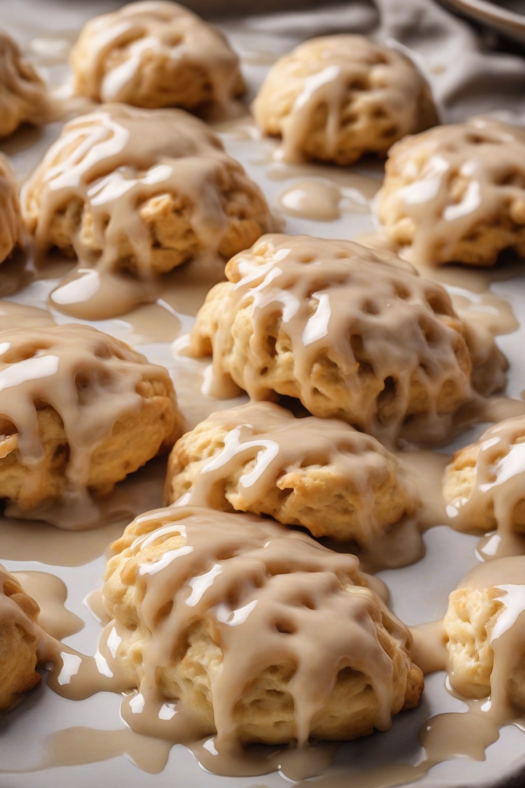 A high-resolution photo of maple-drizzled drop biscuits with glistening glaze under soft lighting.