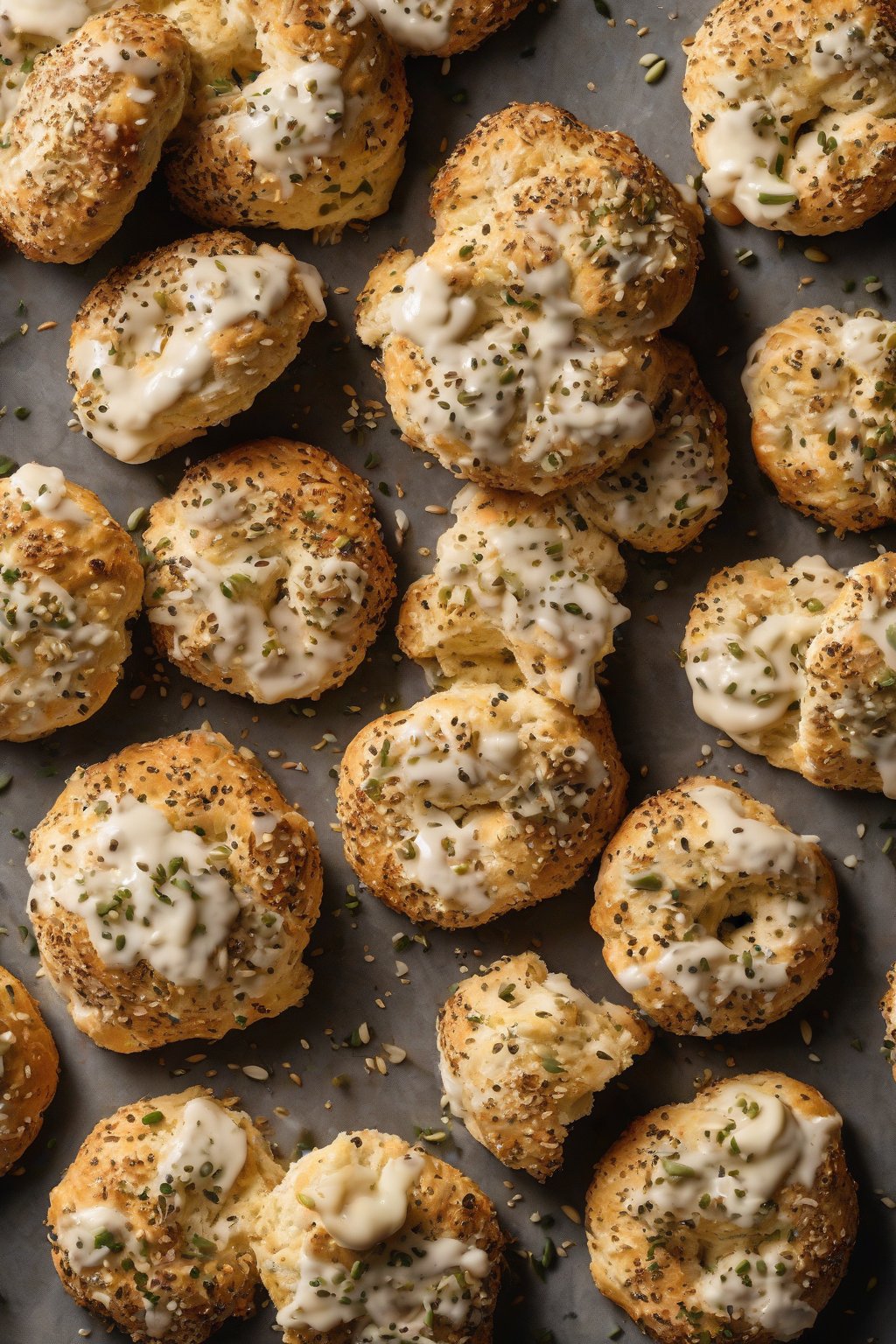 A high-resolution photo of seed-topped everything bagel drop biscuits fresh and golden under soft lighting.