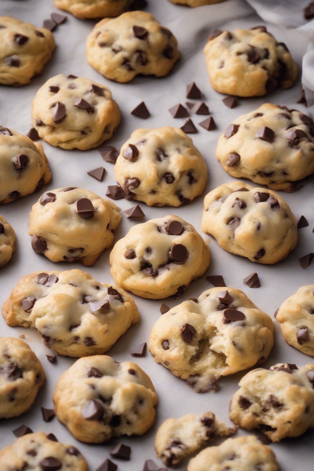 A high-resolution photo of chocolate chip drop biscuits with gooey centers exposed under soft lighting.