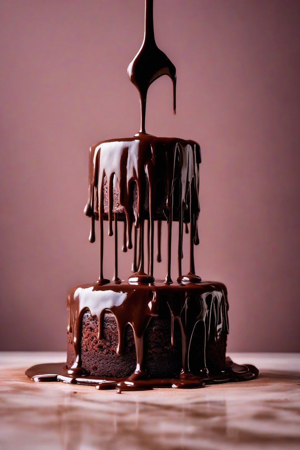 A high-resolution photo of glossy dark chocolate ganache dripping over a chocolate cake under soft lighting.