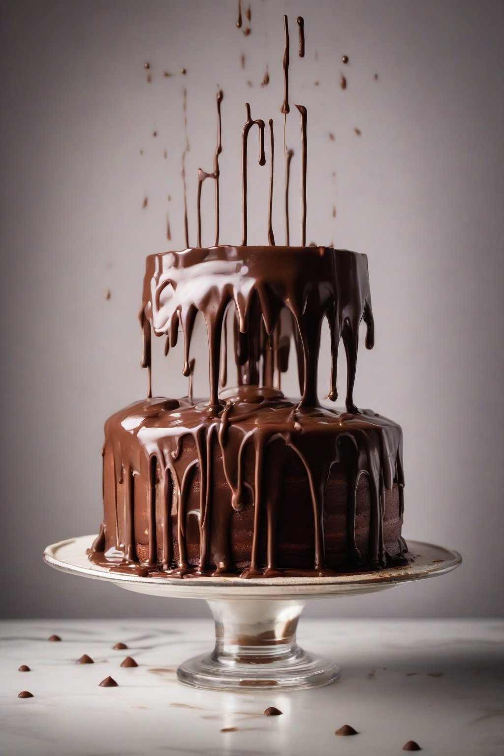 A high-resolution photo of milk chocolate ganache dripping down a layered cake under soft lighting.