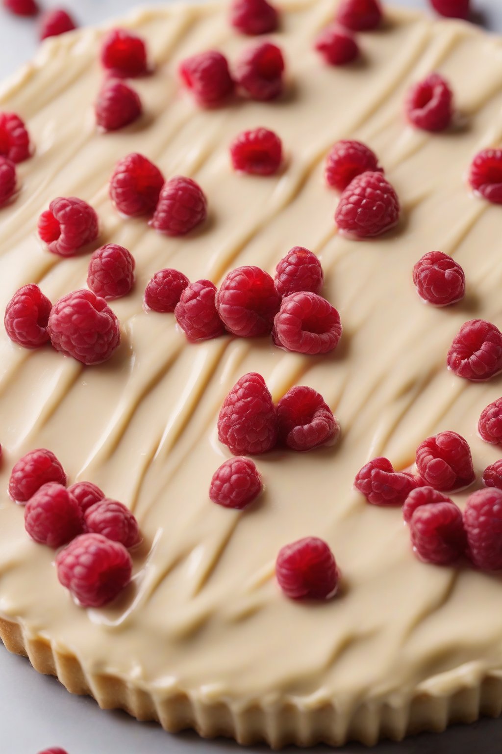 A high-resolution photo of white chocolate raspberry ganache glazing a tart under soft lighting.