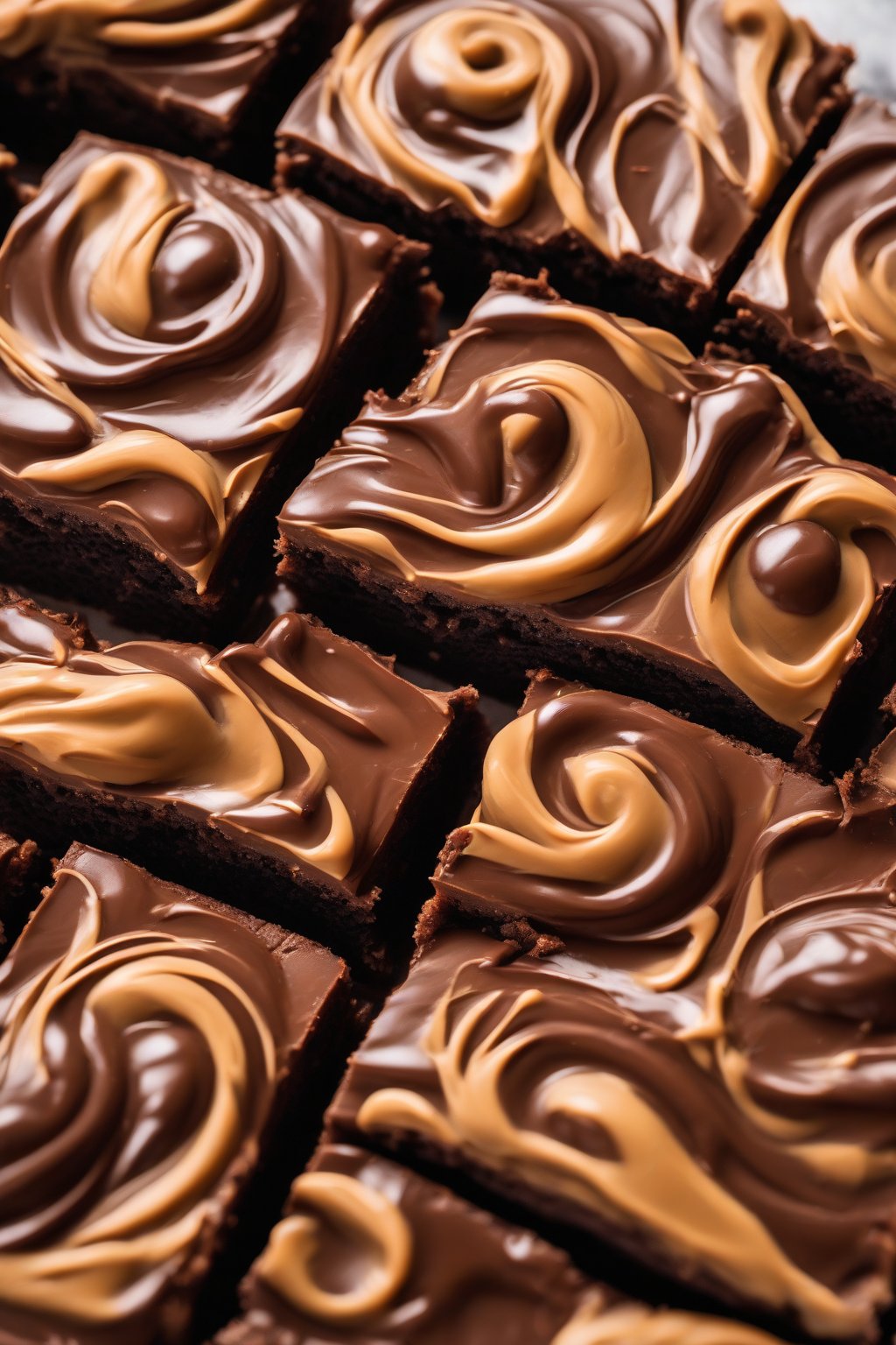 A high-resolution photo of peanut butter swirled chocolate ganache on brownies under soft lighting.