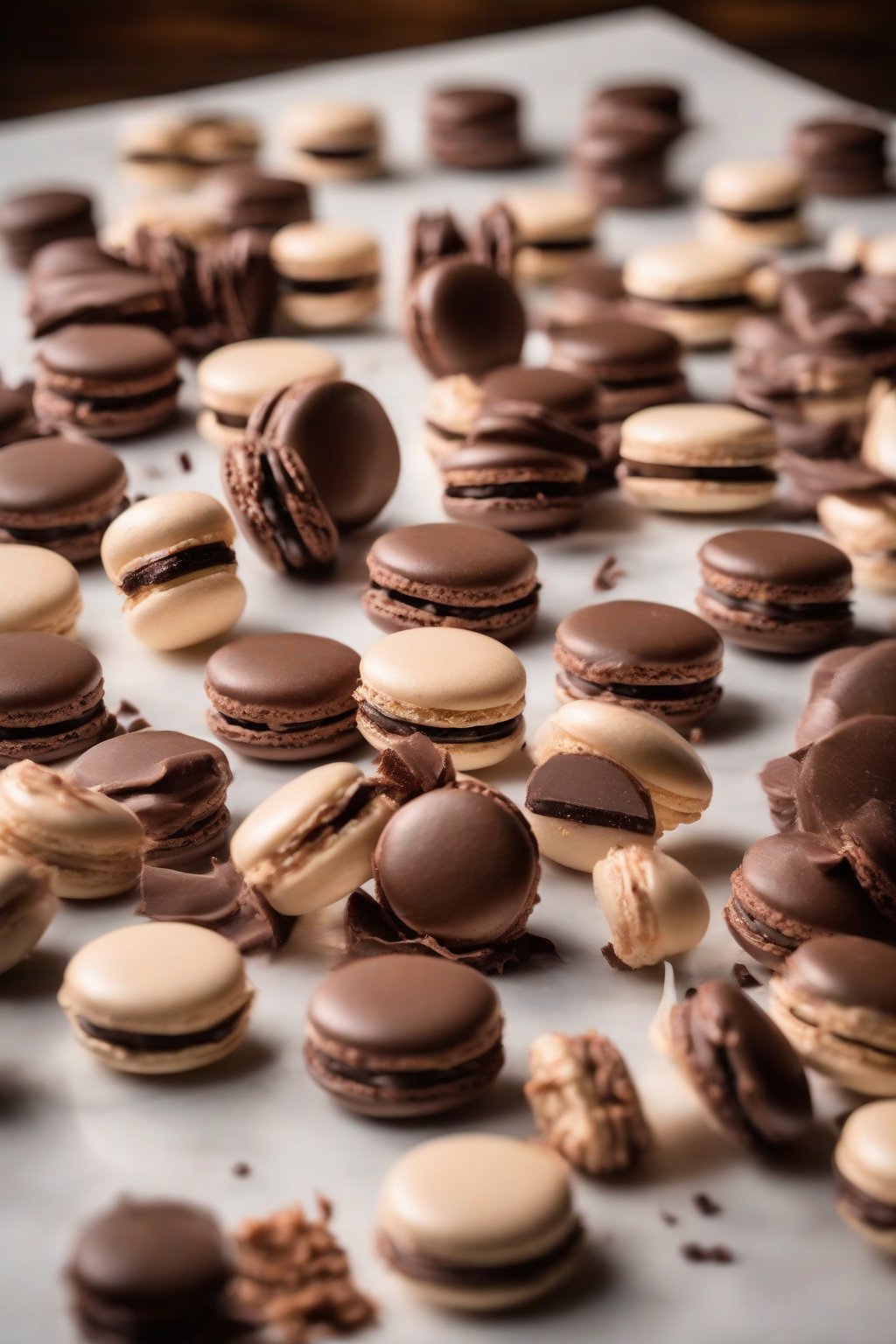 A high-resolution photo of coconut chocolate ganache filling macarons under soft lighting.