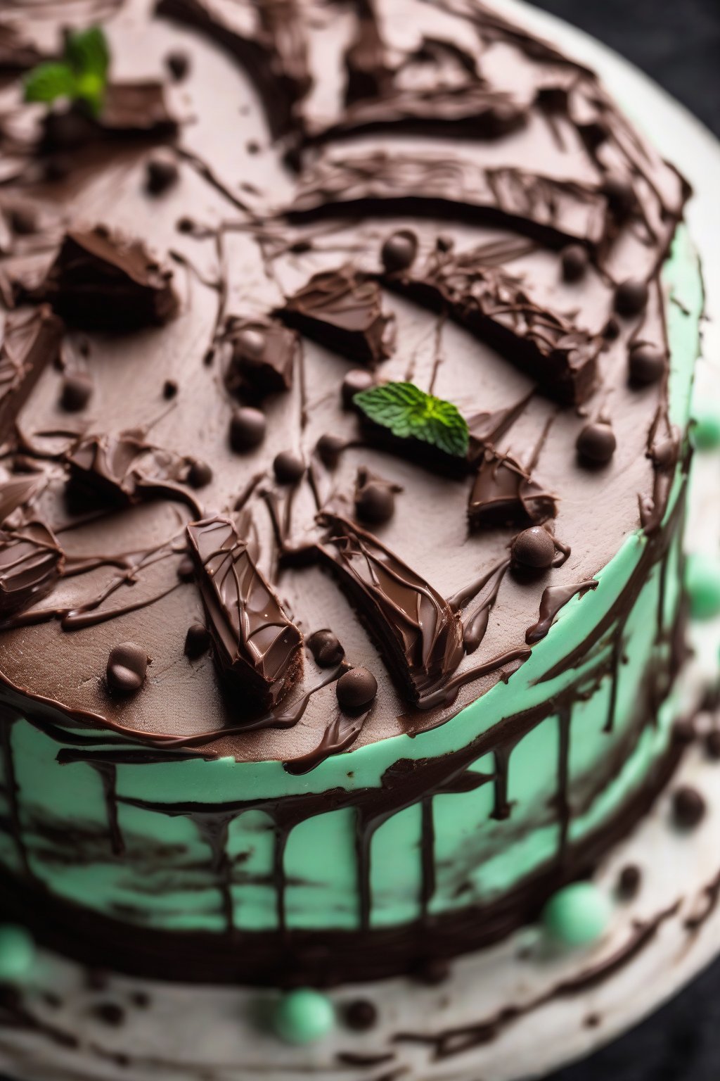 A high-resolution photo of mint chocolate ganache layered in a cake under soft lighting.