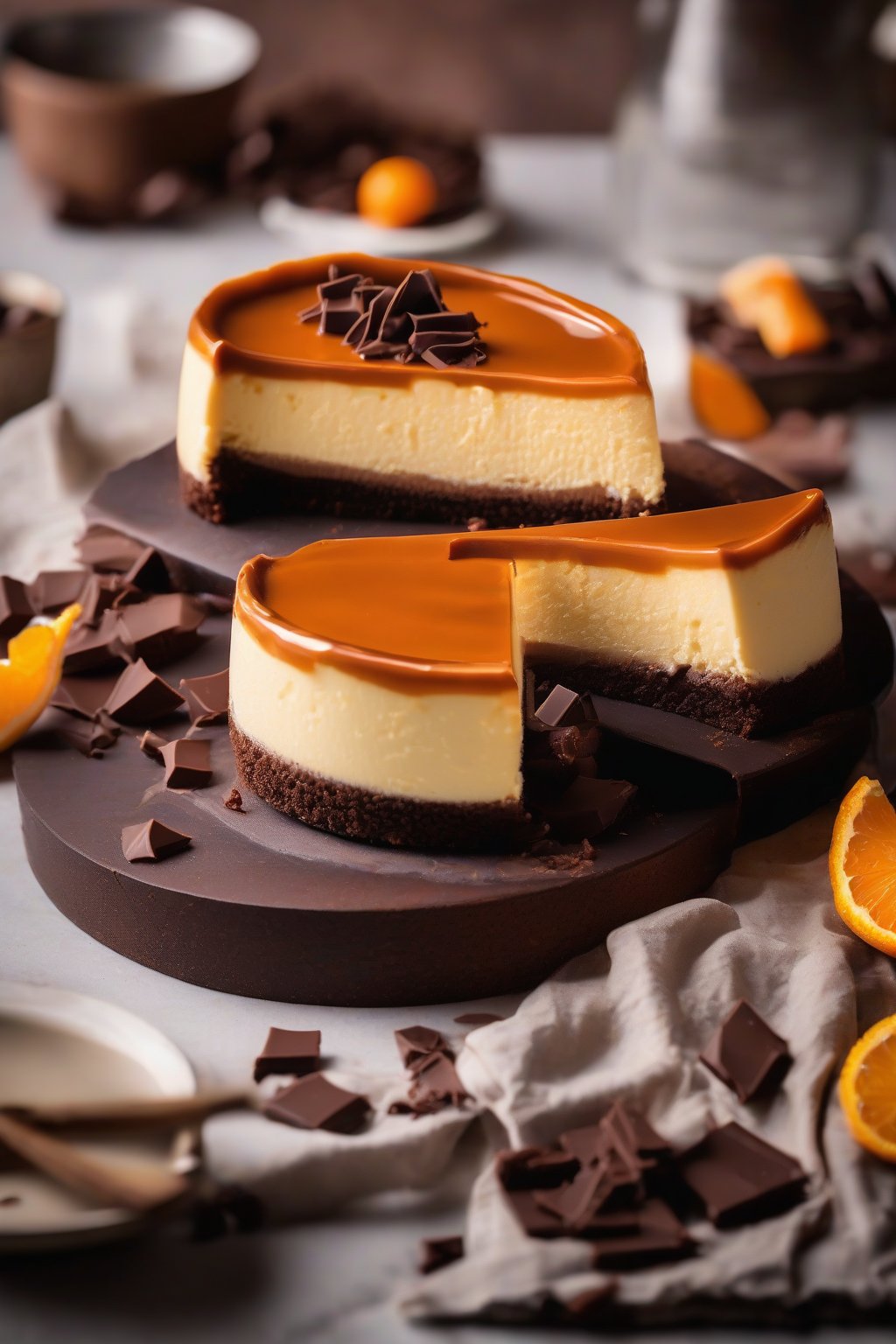 A high-resolution photo of orange zest chocolate ganache topping a cheesecake under soft lighting.