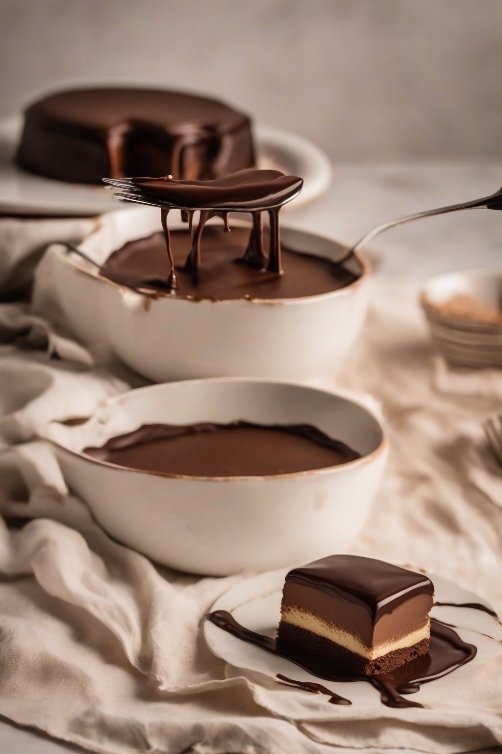 A high-resolution photo of espresso chocolate ganache on tiramisu under soft lighting.