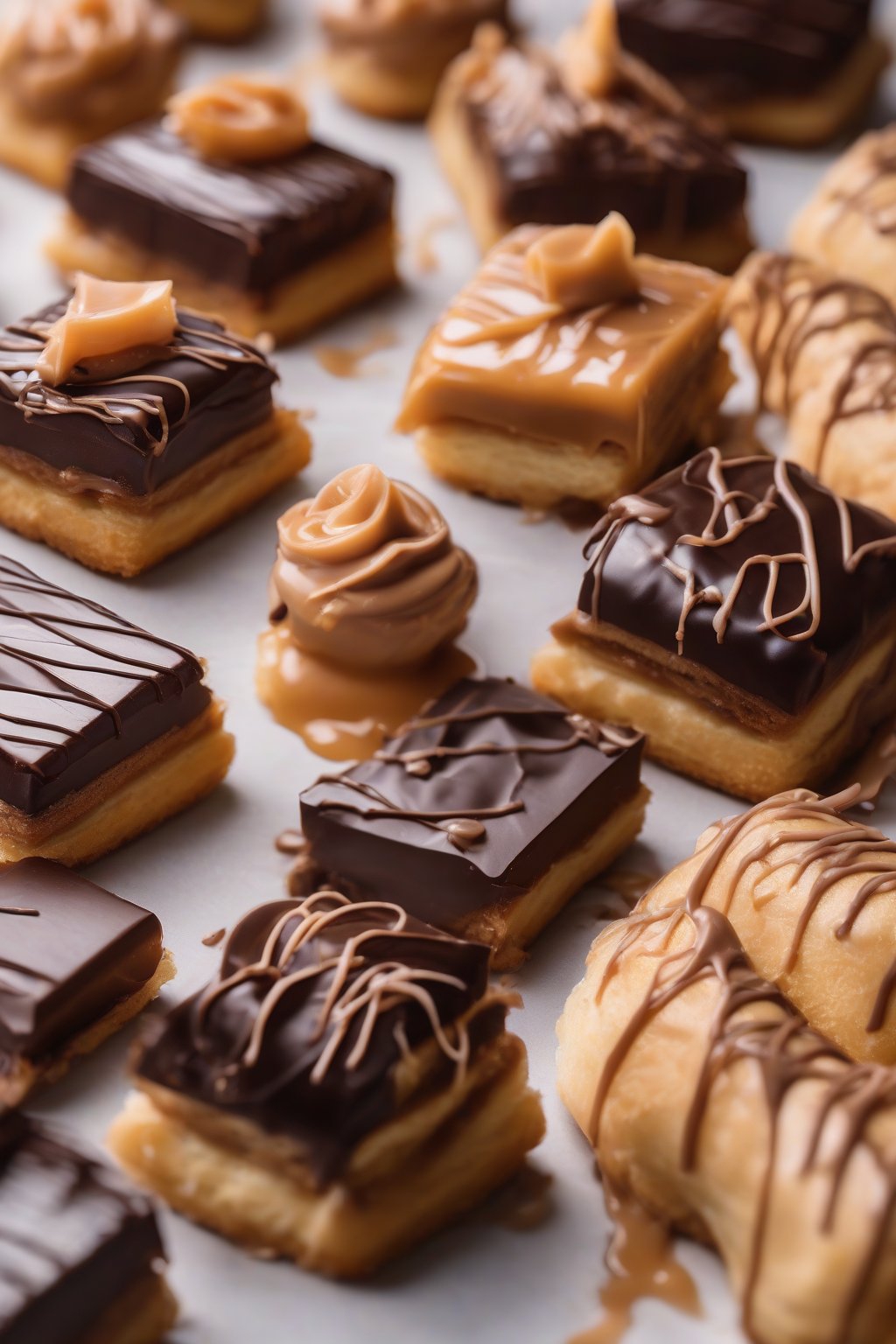 A high-resolution photo of salted caramel chocolate ganache on pastries under soft lighting.