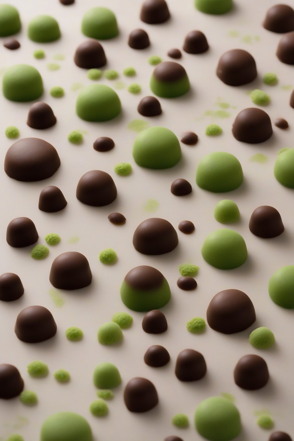 A high-resolution photo of matcha chocolate ganache covering mochi under soft lighting.
