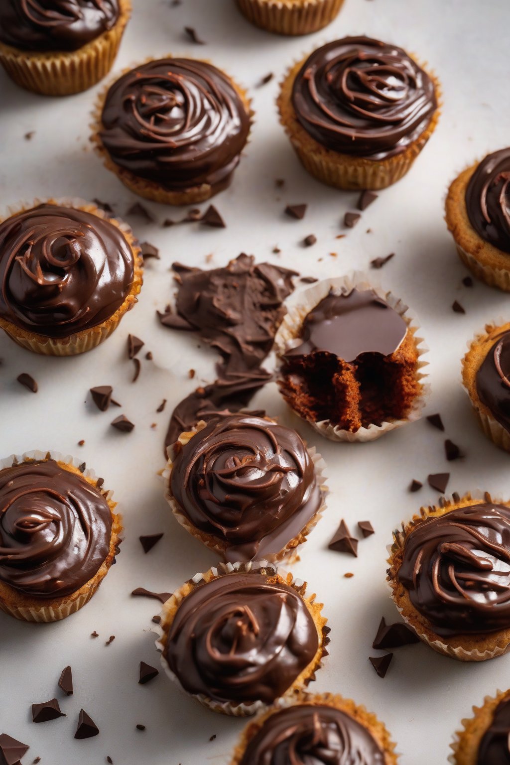 A high-resolution photo of chili chocolate ganache on spiced muffins under soft lighting.