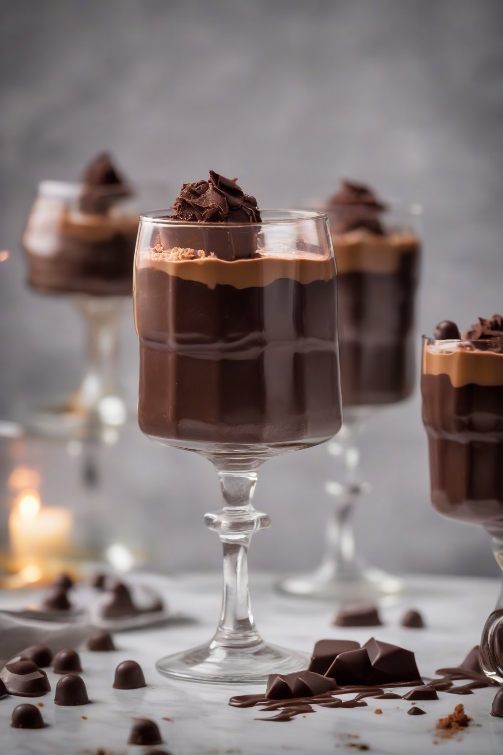 A high-resolution photo of bourbon chocolate ganache in a trifle glass under soft lighting.