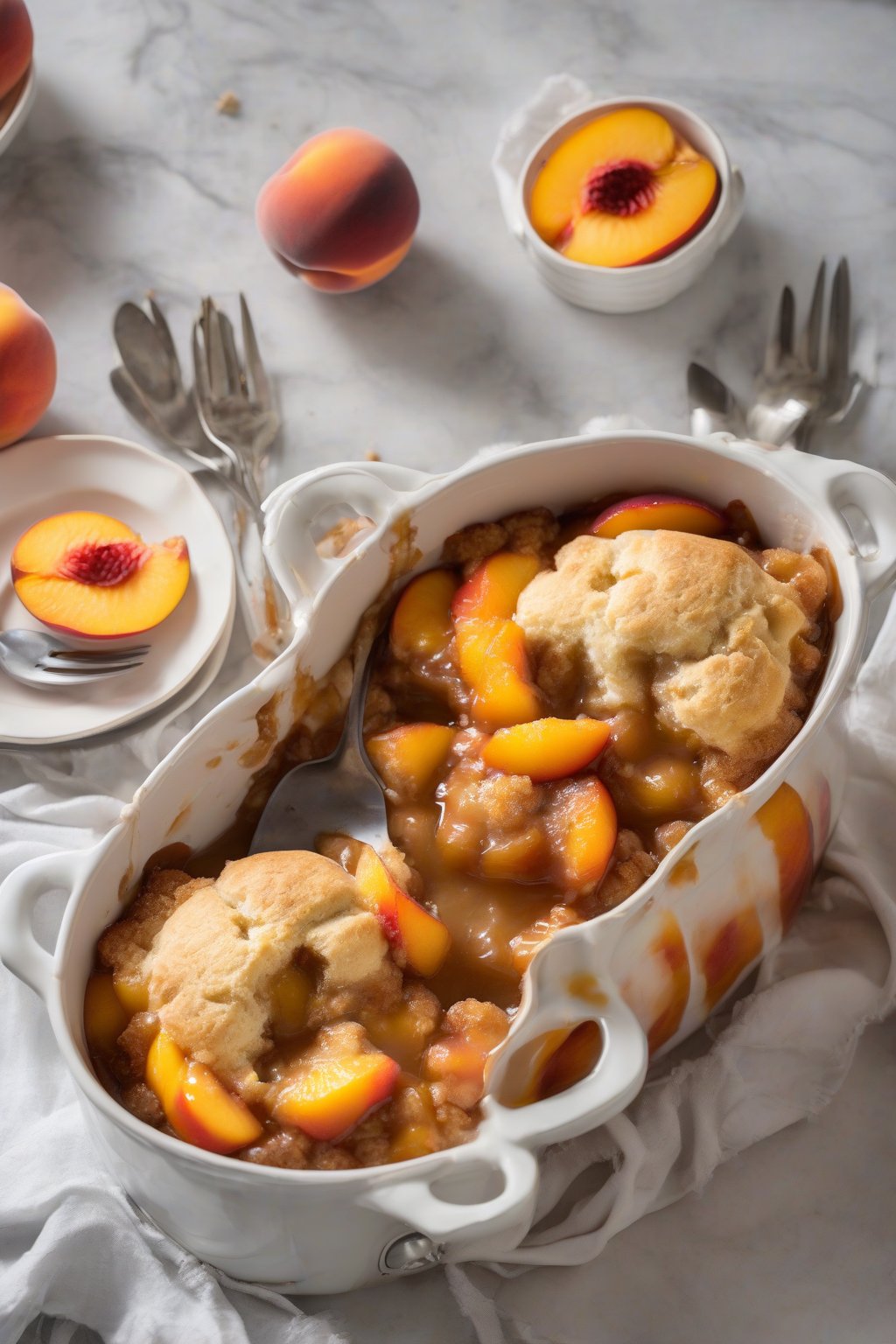 A high-resolution photo of slow cooker peach cobbler with soft biscuit topping sinking into juicy peaches, under soft lighting.