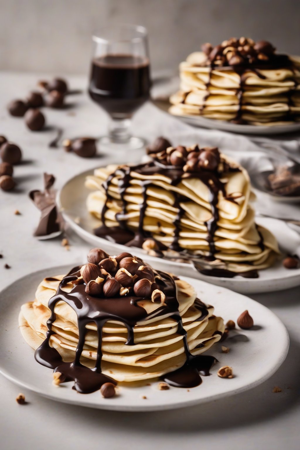 A high-resolution photo of hazelnut chocolate ganache drizzled on crepes under soft lighting.