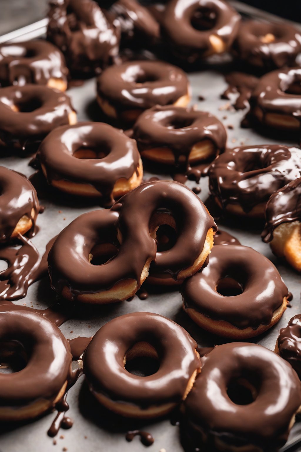A high-resolution photo of vegan chocolate ganache glazing donuts under soft lighting.