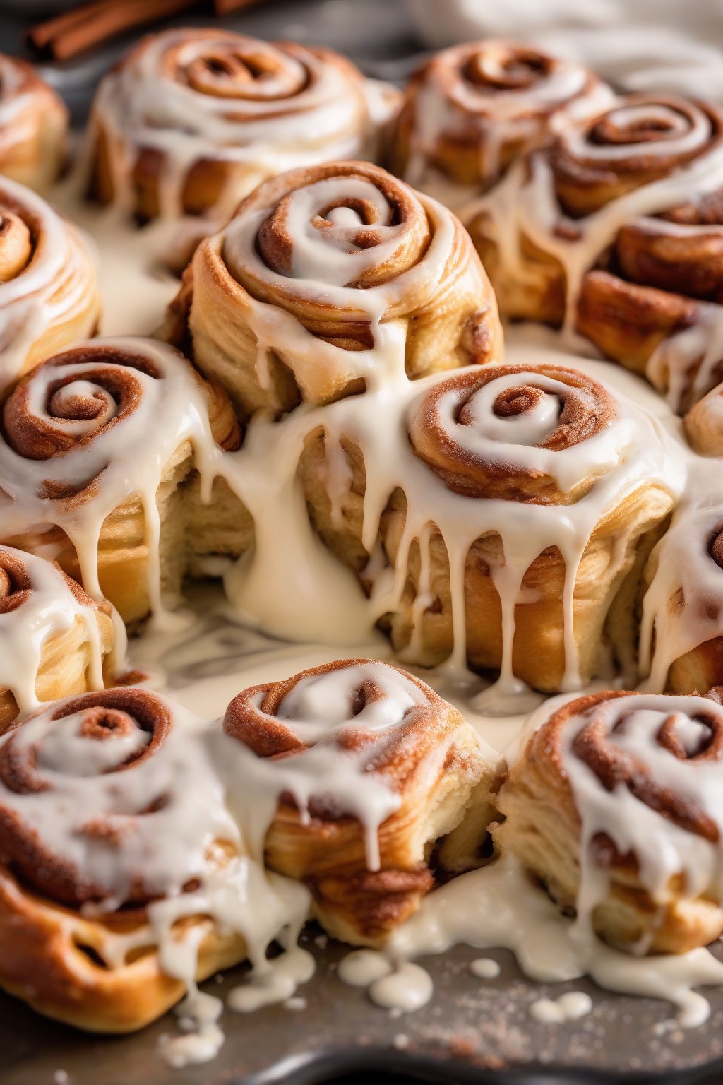 A high-resolution photo of golden classic gooey cinnamon rolls dripping with cream cheese icing, topped with cinnamon dust, under soft lighting.