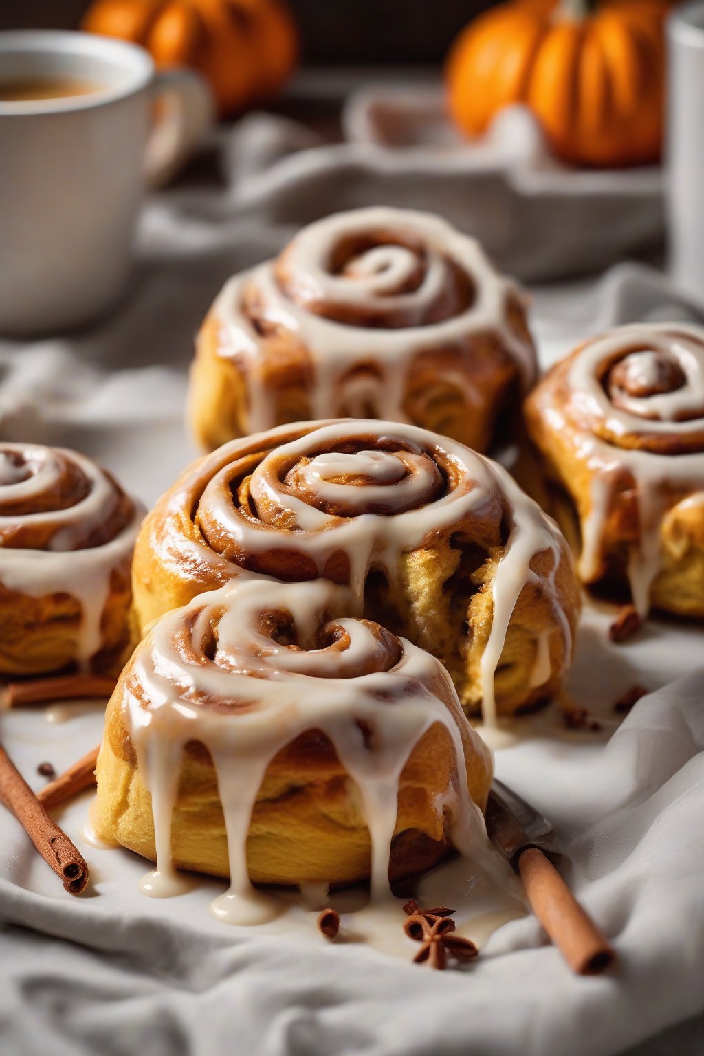 A high-resolution photo of pumpkin spice gooey cinnamon rolls with orange-hued swirls and spiced icing, steam rising, under soft lighting.