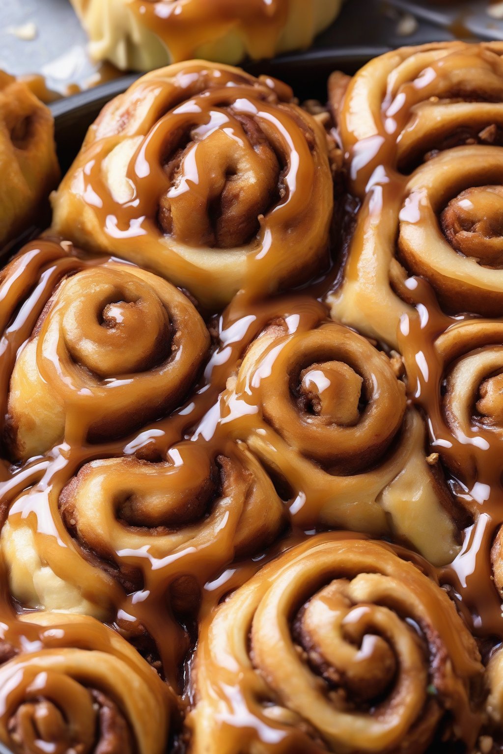 A high-resolution photo of caramel apple gooey cinnamon rolls with apple chunks peeking out and caramel drizzle, glossy and sticky, under soft lighting.