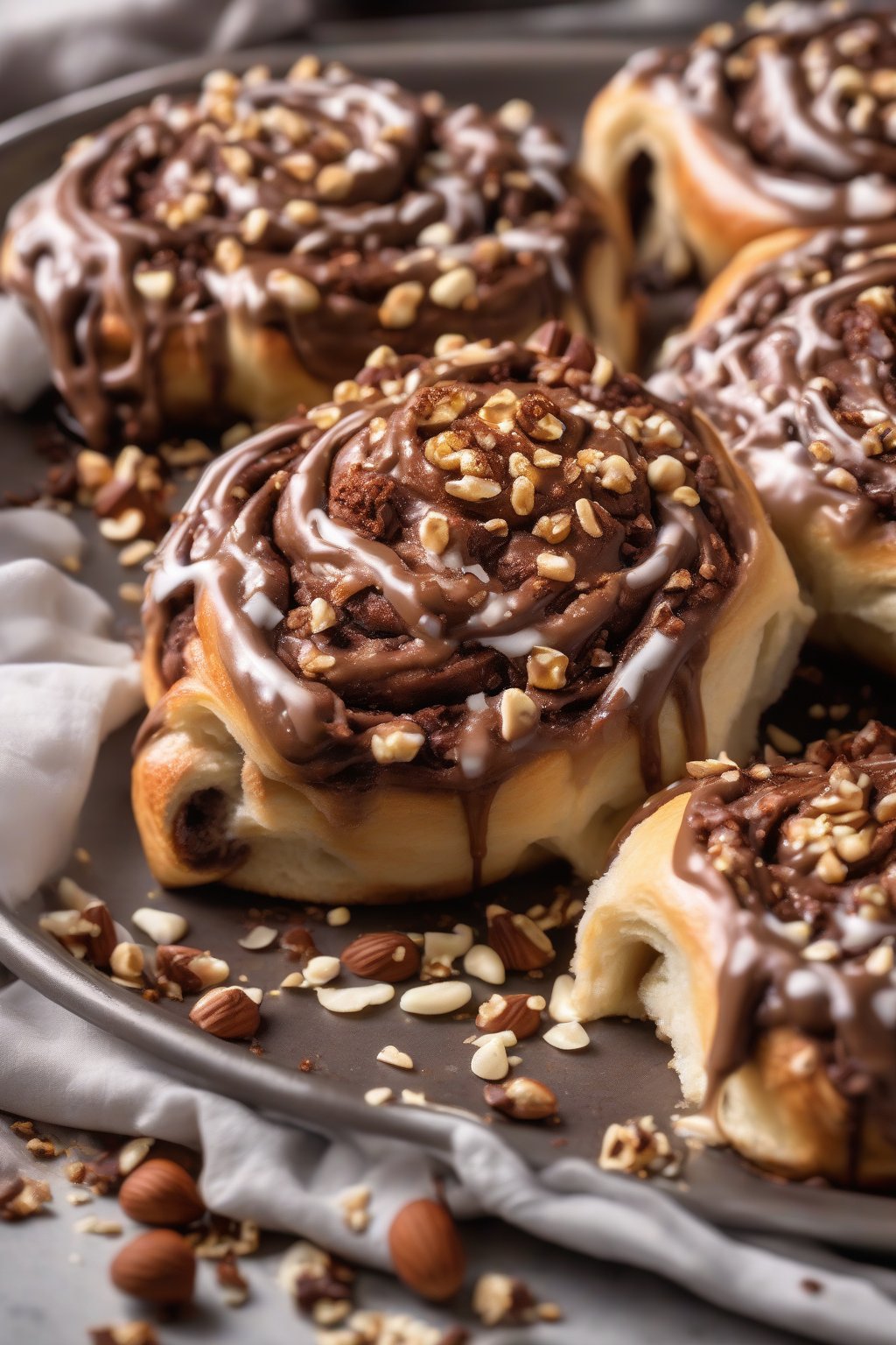A high-resolution photo of chocolate hazelnut gooey cinnamon rolls oozing Nutella, sprinkled with crushed nuts, under soft lighting.