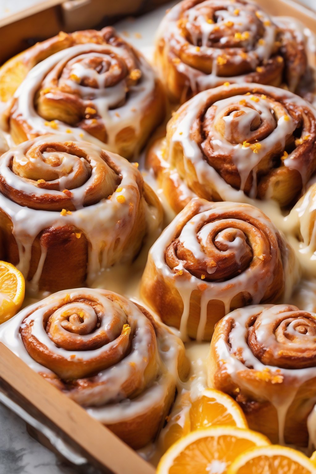 A high-resolution photo of orange zest gooey cinnamon rolls with citrus-flecked icing and shiny glaze, vibrant and fresh, under soft lighting.