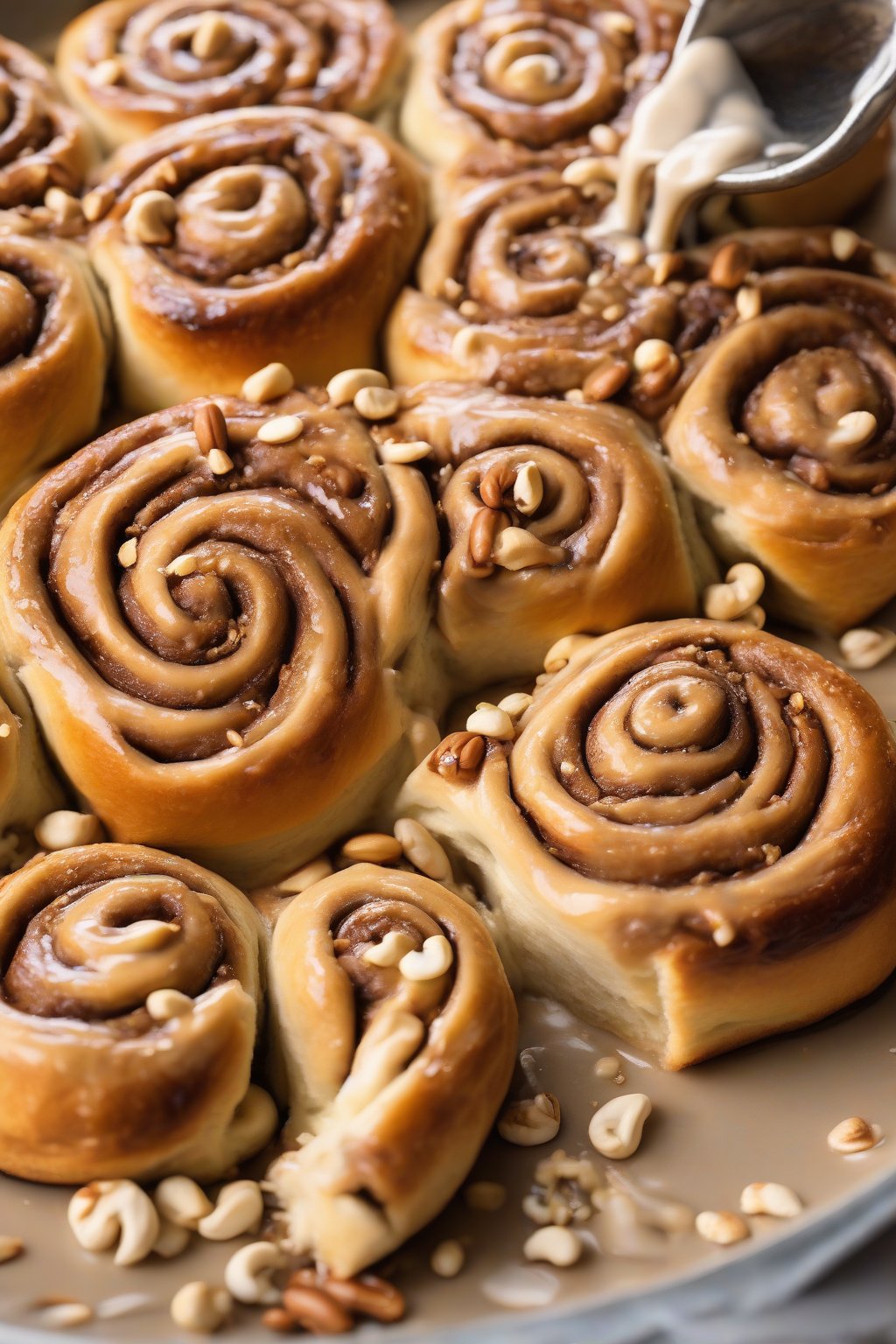 A high-resolution photo of peanut butter gooey cinnamon rolls with melty swirls and chopped peanuts on top, under soft lighting.