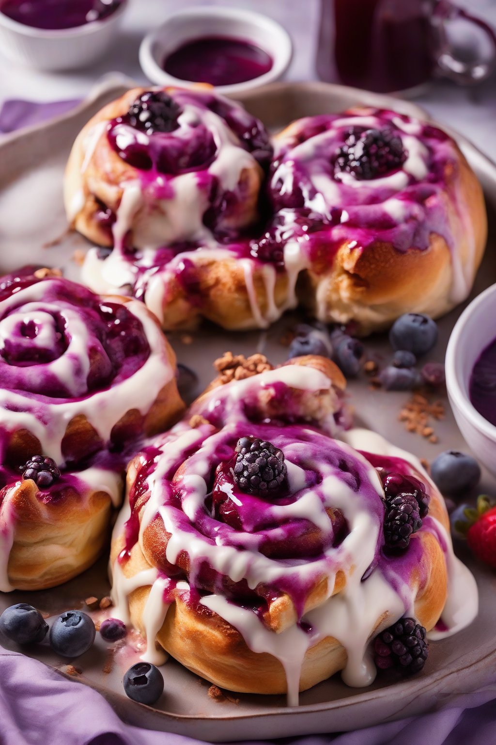 A high-resolution photo of berry blast gooey cinnamon rolls with purple berry juices running and cream topping, under soft lighting.