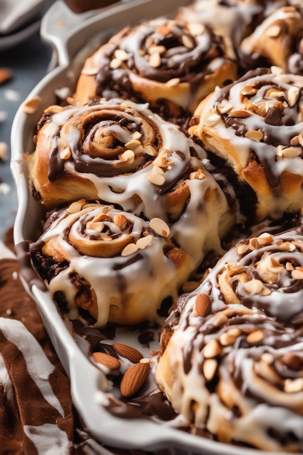 A high-resolution photo of almond joy gooey cinnamon rolls studded with coconut shreds, almonds, and chocolate melts, under soft lighting.