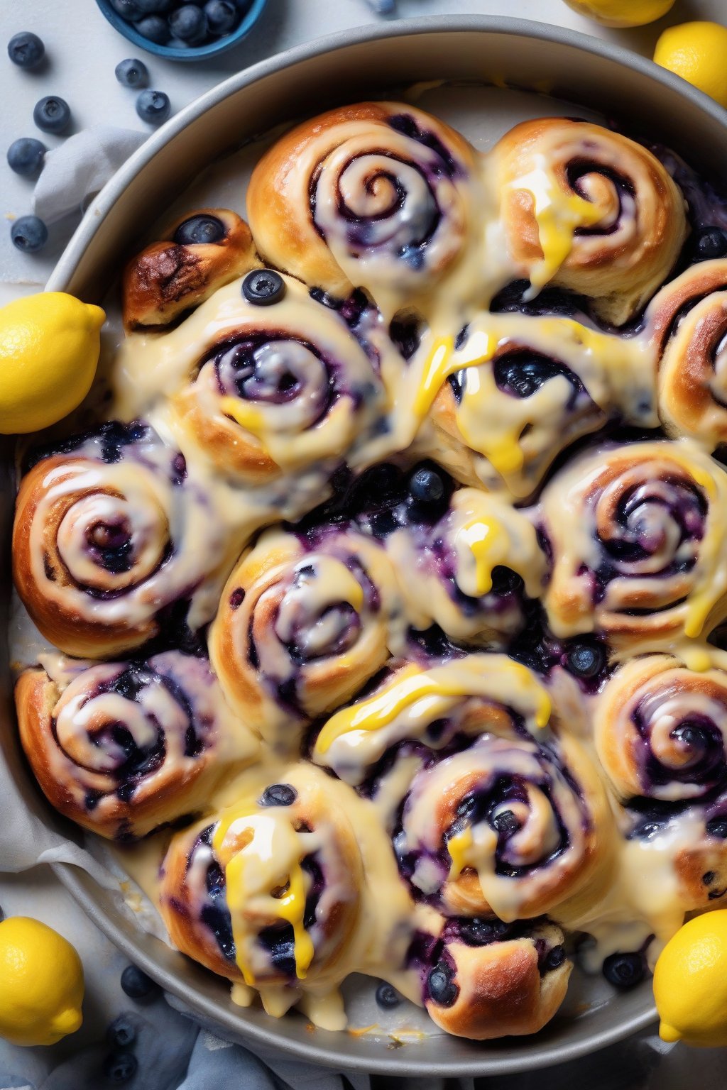 A high-resolution photo of lemon blueberry gooey cinnamon rolls with blue pops and yellow glaze drips, under soft lighting.