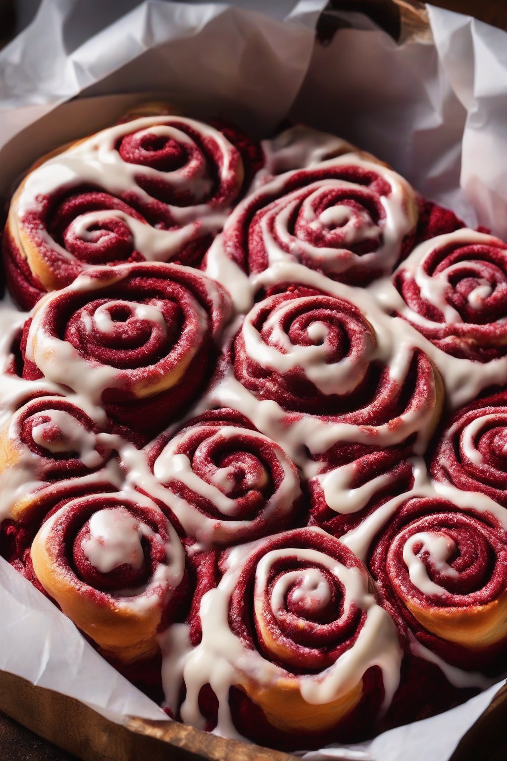 A high-resolution photo of red velvet gooey cinnamon rolls with ruby dough, white icing rivers, under soft lighting.