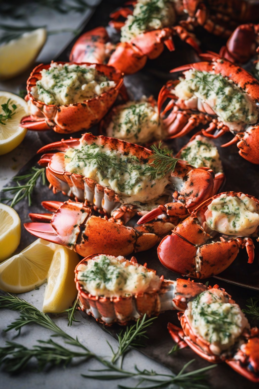 A high-resolution photo of grilled lobster tails glistening with herb butter under soft lighting.