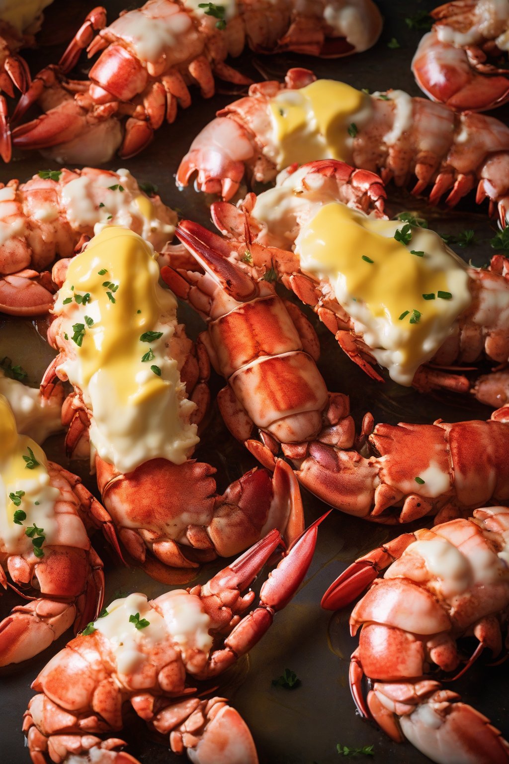 A high-resolution photo of butter-poached lobster tails dripping with golden butter under soft lighting.