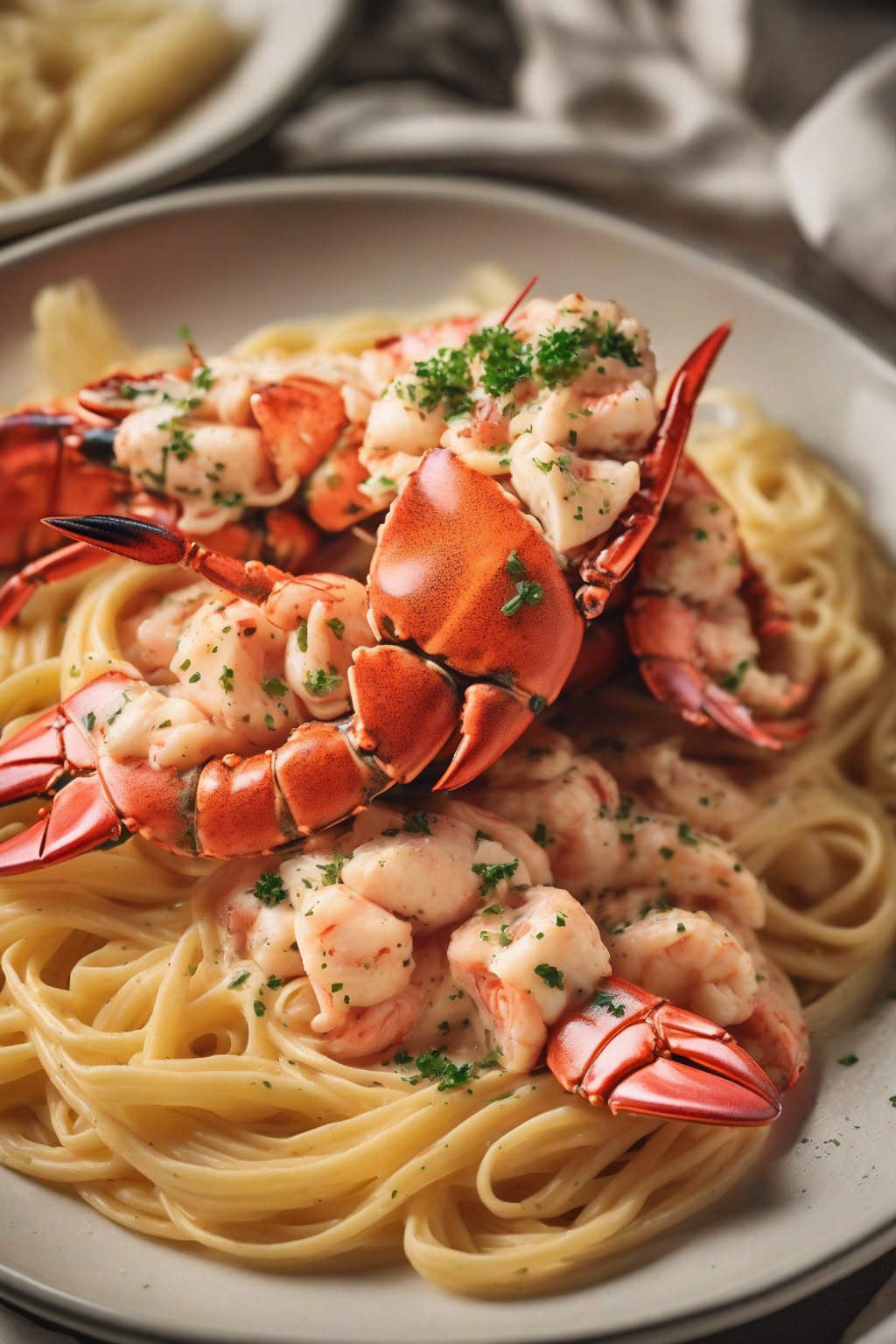 A high-resolution close-up of lobster tail scampi over pasta under soft lighting.