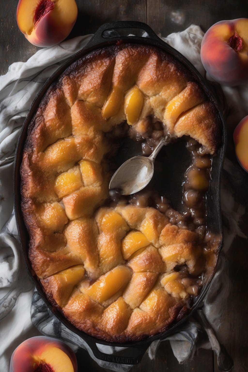 A high-resolution photo of skillet peach cobbler with charred edges and bubbling juicy center, under soft lighting.