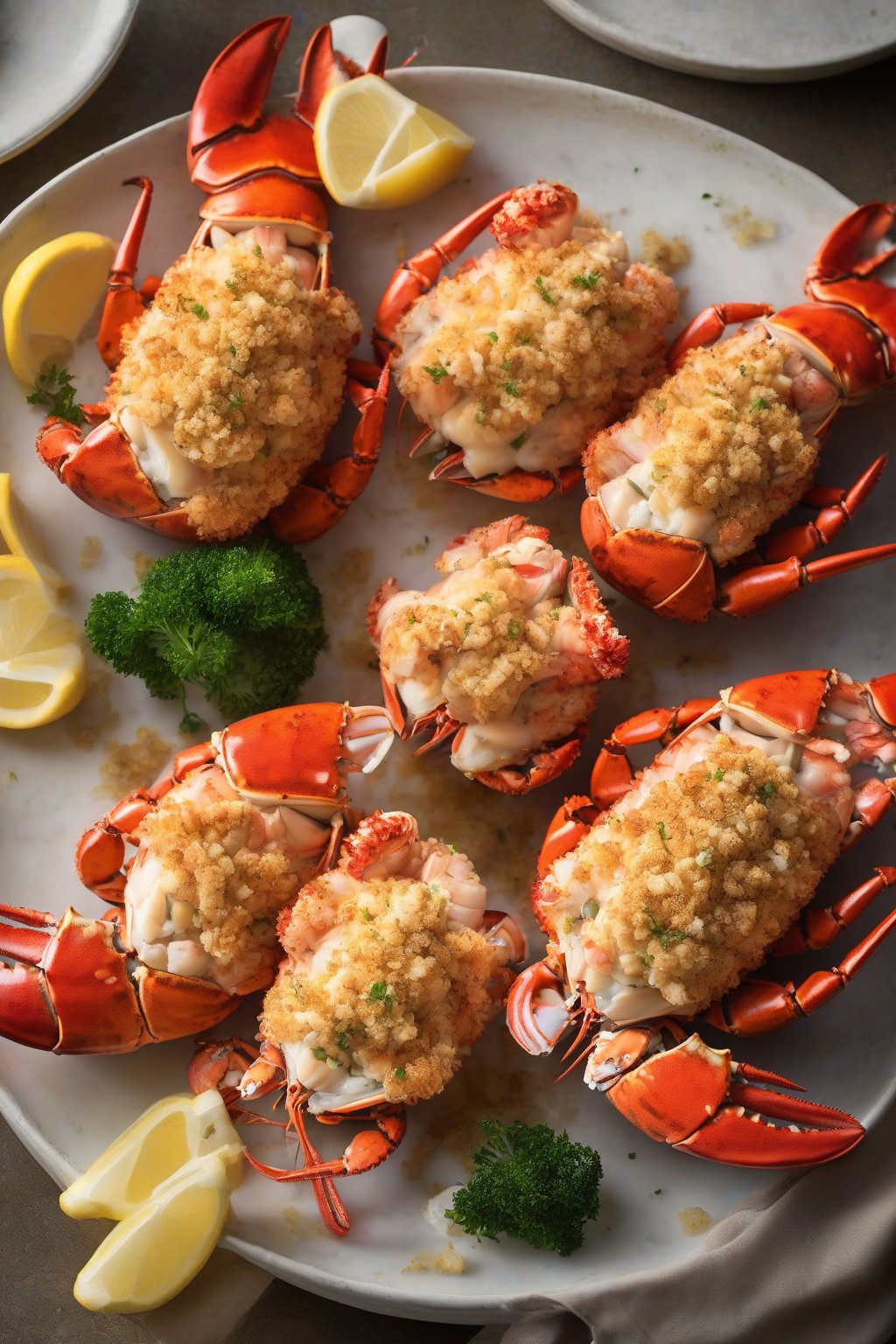 A high-resolution photo of crab-stuffed lobster tails with crispy topping under soft lighting.