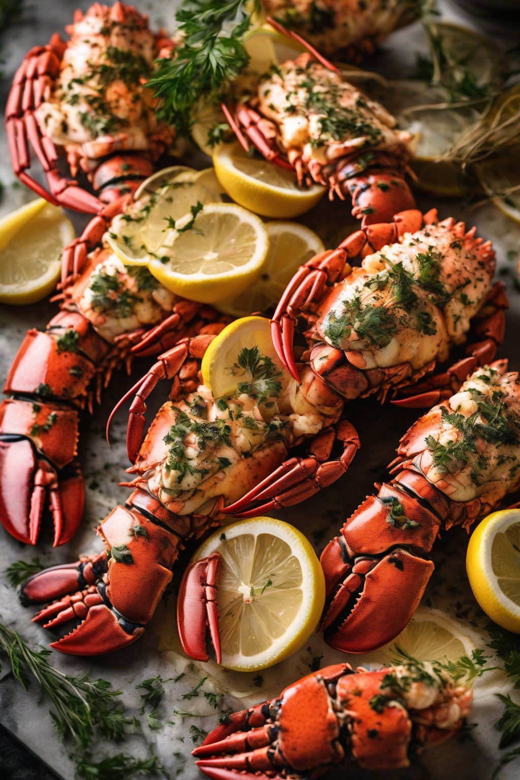 A high-resolution close-up of lemon herb lobster tails with charred edges under soft lighting.