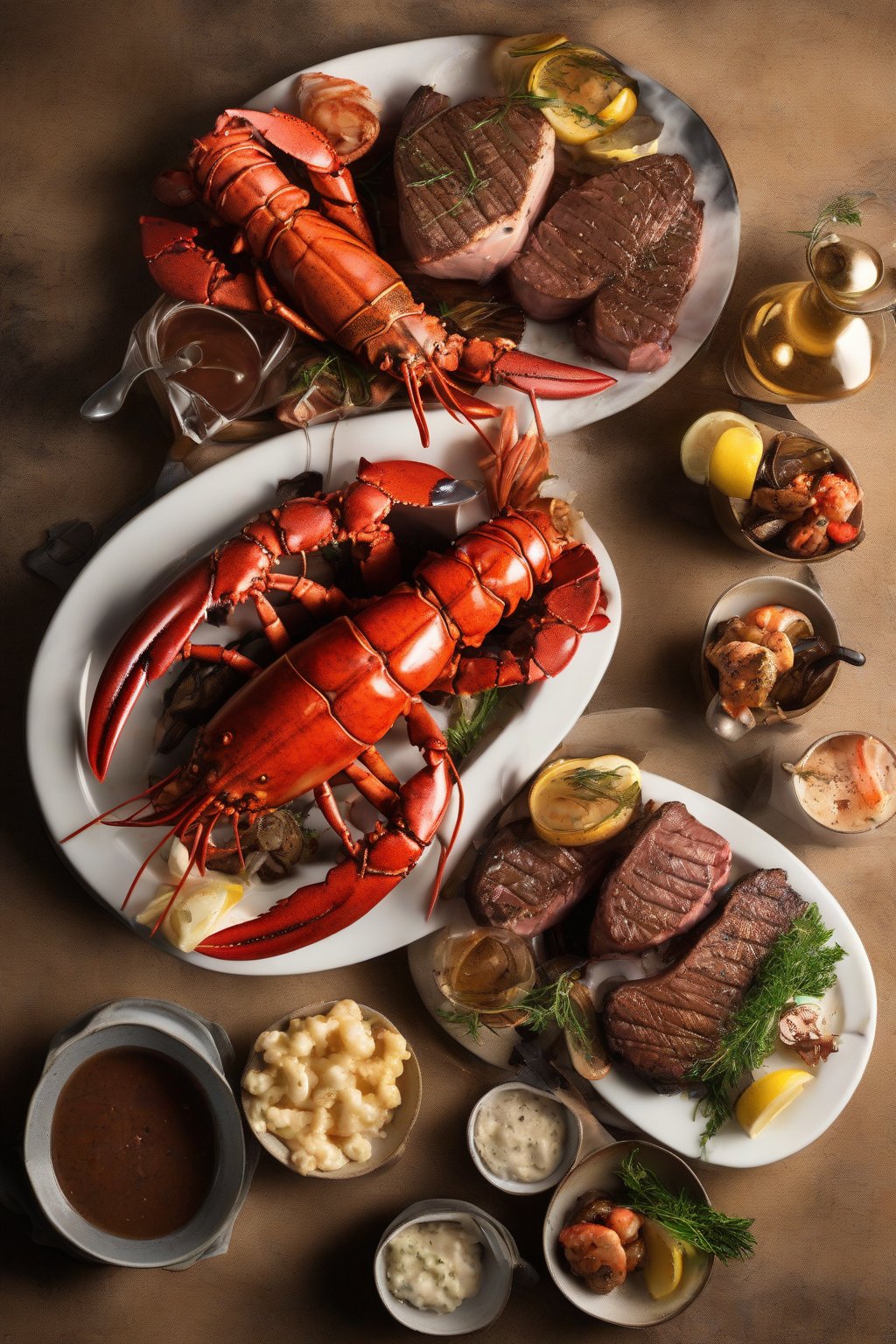 A high-resolution photo of surf and turf lobster tails and steak under soft lighting.