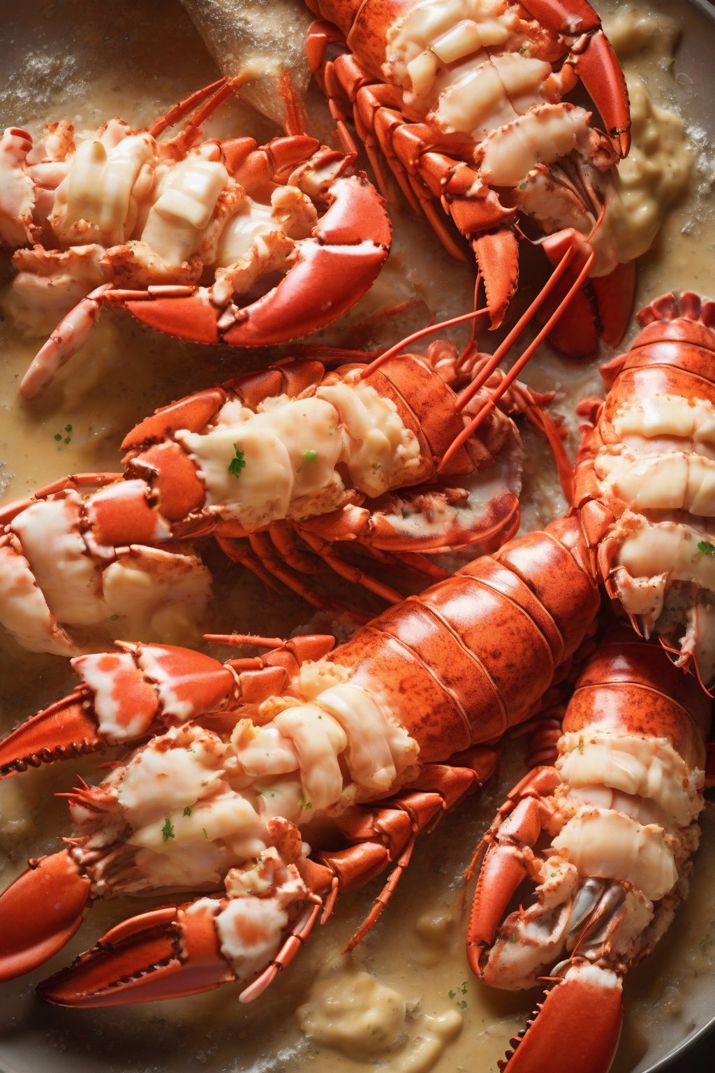 A high-resolution close-up of lobster tails in shimmering champagne sauce under soft lighting.