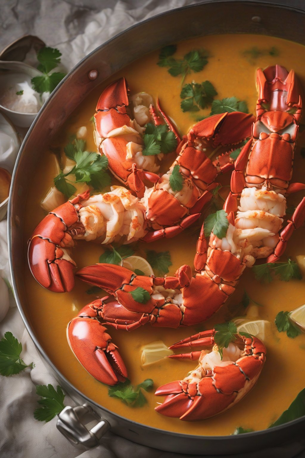 A high-resolution close-up of coconut curry lobster tails in vibrant broth under soft lighting.