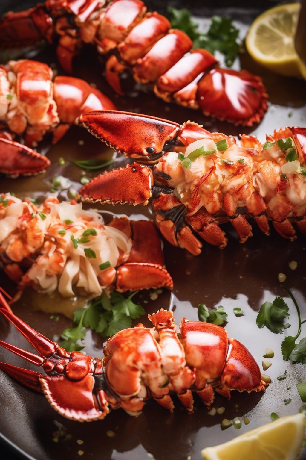 A high-resolution photo of glossy miso-glazed lobster tails under soft lighting.