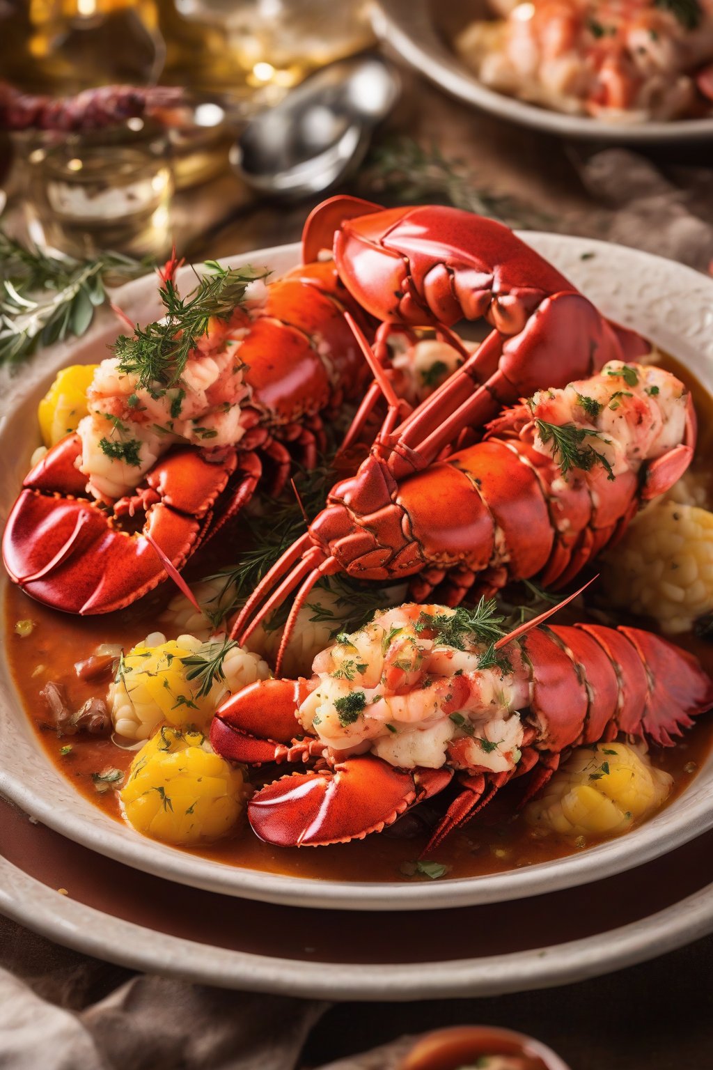 A high-resolution close-up of Provencal lobster tails with colorful stew under soft lighting.